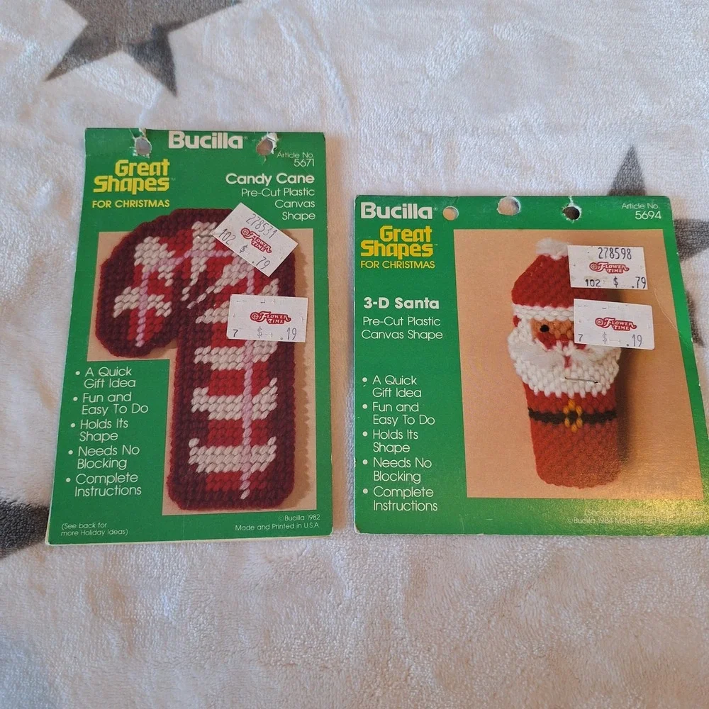 Vintage Bucilla Great Shapes‎ For Christmas Candy Cane & 3-D Santa Needlepoint